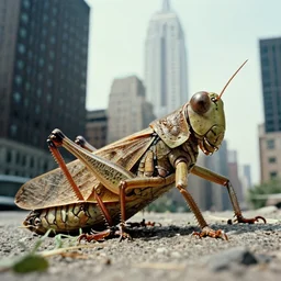 a giant grasshopper attacking manhattan, color film, high definition, photorealistic