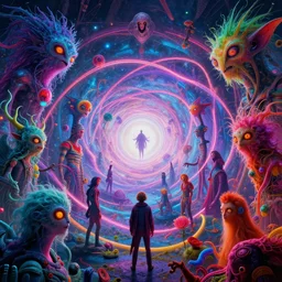 aggrgoth styled, strange mysterious creatures, infinite quantum portal, synthwave, bright neon colors, highly detailed, cinematic, panoramic, tim white, michael whelan, roger dean, bob eggleton, chris foss, vladimir kush, kubrick, kimura, isono