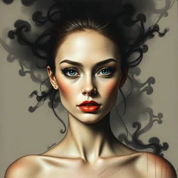 lady portrait, acrylic style, face symmetry, abstract pencil sketches, expensive looks, chaos, award winning realistic painting, hard edges, smooth, black smoke, character design, master level composition, rule of thirds, web, transparency, without hands, gucci, by chiara bautista and beksinski and norman rockwell and tom bagshaw