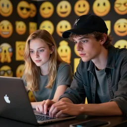anna kendrick and a guy with a basecap watching the internet, emoji pattern in the background, portrait, hyper detailed, digital art, trending in artstation, cinematic lighting, studio quality, smooth render, unreal engine 5, octane, art style by klimt and nixeu and ian sprigger and wlop and krenz cushart.