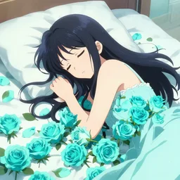 full color anime girl resting in a bed of cyan roses.