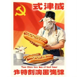 a goat selling hotdogs, communist propaganda poster
