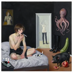 painting of queer artist's bedroom with black walls, emo artist eating blackberries, knife, tiny tesla model x, paint tubes, a liminal doorway, zen, high black boots, pomegranate, a black pig, courgette, octopus, sensual surrealism, by monet and magritte
