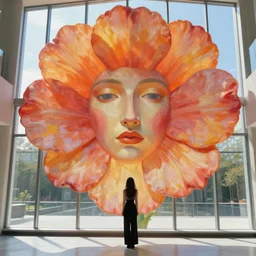 closeup, giant flower face, woman standing by large modern windows, luxury, surreal photography, sunlight, impressionist painting, digital painting, artstation, simon stalenhag