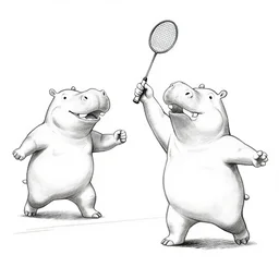 men with hippo heads playing badminton, by Ken Sugimori, mono-color