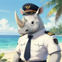 character portrait feature of the anthro male anthropomorphic white rhino fursona wearing airline pilot outfit uniform professional pilot character design stylized by charlie bowater, ross tran, artgerm, and makoto shinkai, detailed, soft lighting, rendered in octane, maldives in background