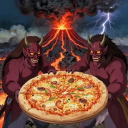 masked demons grabbing a large pizza!!!, in the background is a volcano spewing lava and black smoke, streams of glowing hot lava, flashes of lightning in the distance. wide angle, long shot, an ultrafine detailed painting by hayao miyazaki, deviantart, pop surrealism