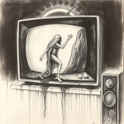 samara from the ring climbs out of the tv, hand - drawn, charcoal art, papyrus
