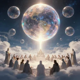 cosmic inflation bubbles peaking through the clouds, council of gods having a meeting, character art, concept art, matte painting, 8 k, highly detailed, artstation, light being, high quality,