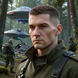 russian soldiers near crushed ufo in the forest, cyberpunk, masterpiece. rendered in blender, ultra realistic, smooth shading, ultra detailed, high resolution, cinematic, unreal 6, perfect face, cyberpunk, fine details, studio lighting, subtle shadows, art by katsuya terada, photorealism, hyper realism, octane render, hyper detailed, canon eos r 3, f / 1. 4, iso 2 0 0, 1 / 1 6 0 s, medium shot, 8 k, raw, unedited, in - frame,