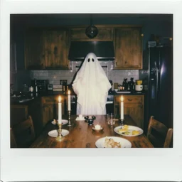 a 1 9 8 5 color polaroid of a ghost at a seance at a kitchen table captures the image of an apparition in the background, paranormal evidence, aged photo, orbs, backscatter, authentic