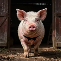 portrait of a pig in a tuxedo walking out a barn, dramatic light, Chiaroscuro, dark, classic portrait, high detail, detailed, illustration by Caspar David Friedrich
