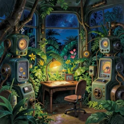 Small desk at night with desklamp inside an enormous steampunk machine room with lush vegetation growing around the machines, tropical trees, large leaves, flowers, beautiful starry night sky through the windows, beatifully lit, vivid colors, hyper detailed painting, hyperrealism, vintage science fiction illustration, Studio Ghibli, Rebecca Guay