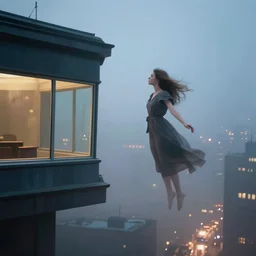 an ethereal dream of a woman floating by edward hopper and steven outram, hd, 8 k, mist, luminol city lights