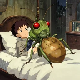 As Gregor Samsa awoke one morning from uneasy dreams he found himself transformed in his bed into a gigantic insect glowing red eyes. Edwardian city. anime, Fuzichoco, . hyper detailed,35mm