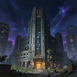 a beautiful very detailed illustration of architecture establishment abandoned urbex by lee madgwick, laser vice city cosmic evil liberty city nightsky at night cgsociety sci - fi, archdaily, wallpaper, highly detailed, trending on artstation.