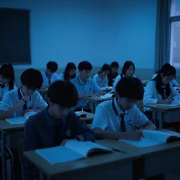 students in a classroom at night, blue tint, lights off