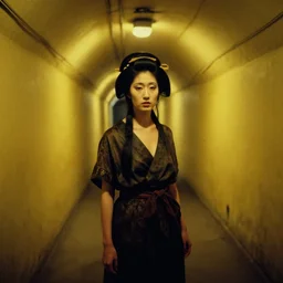 7 0 s movie still of a white female japanese phantom with trypophobia in a yellow wall soviet tunnel, cinestill 8 0 0 t 3 5 mm eastmancolor, heavy grain, high quality, high detail