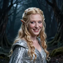 portrait of dangerous, playful, mischievous  young Galadriel (Cate Blanchett) as a queen of elves, dressed in a refined silvery garment. The background is a dark, chilling eastern europen forrest.  night, horroristic shadows, higher contrasts, (((lumnious))), theatrical, character concept art by ruan jia, thomas kinkade, and J.Dickenson, trending on Pinterest