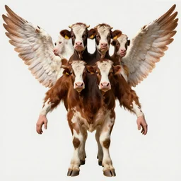 a human with four faces and four wings, cow hooves for feet, under each of their four wings is human hands, ultrarealistic