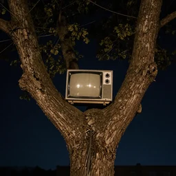 a tree with old televisions in it at night
