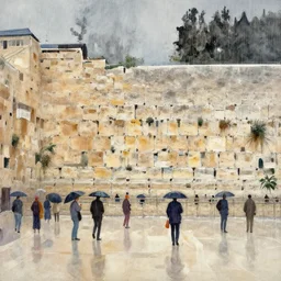 paint brush strokes, abstract watercolor painting of western wall in jerusalem in the rain, cinematic light, american romanticism by hans dahl, by jesper ejsing, by anders zorn, by greg rutkowski, by leonid afremov