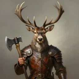portrait of a man with the head of a deer wearing a leather armor holding a pair of axe, subject in the center of the frame, wide angle shot, diffuse lighting, fantasy, intricate, elegant, highly detailed, lifelike, photorealistic, digital painting, artstation, illustration, concept art, smooth, sharp focus, art by John Collier and Albert Aublet and Krenz Cushart and Artem Demura and Alphonse Mucha