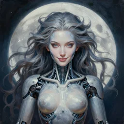 perfectly centered portrait front view of a beautiful biomechanical moon goddess, flowing hair, intense stare, sweet smile, symmetrical, concept art, intricate detail, volumetric shadows and lighting, realistic oil painting by alex grey,
