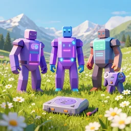 lowpoly ps 1 playstation 1 9 9 9 glowing neon behemoths standing in a field of daisies, swiss alps in the distance digital illustration by ruan jia on artstation