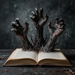 high quality studio photography of frightening book with monster hands emerging, horror texture background