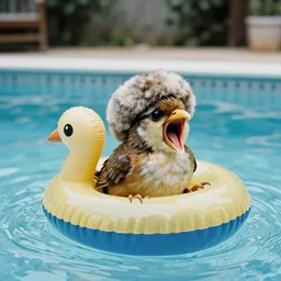a kiwi bird with a wooly hat sitting in a float in a pool screaming, 35mm photograph