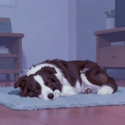a border collie sleeping in an apartment, ethereal, at dusk, by geof darrow, by bill sienkiewicz, pastel shades, cinematic, cel shaded, pixiv