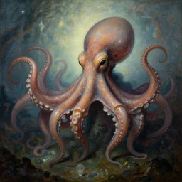 inconceivable otherworldly octopus alien rising from a mental landscape, epic painting by greg rutkowski, craig mullens, bosch, jmw turner, dore, ilya repin. elder god lovecraft mythology