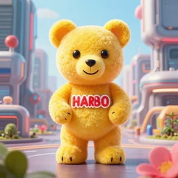 portrait of haribo bear in future city, color and shape focus, cnetral composition, natural light, bloom, puff, by simon stalenhag and rene ma