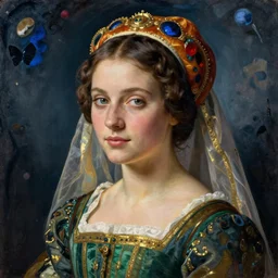 portrait of young woman in renaissance dress and renaissance headdress, art by marc chagall