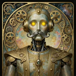 1 9 2 0 s r 2 - d 2 robot, large metal mustache, muted colors, nebula background, glowing yellow eyes, detailed realistic surreal retro robot in full regal attire. face portrait. art nouveau, visionary, baroque, giant fractal details. horizontal symmetry by zdzisław beksinski, gears, alphonse mucha. highly detailed, realistic