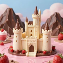 Castles made of cake, on jagged chocolate mountains, near a strawberry smoothie river, highly detailed, 8k octane render