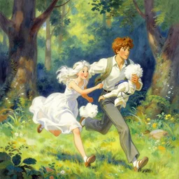 a beautiful illustration of handsome boy and girl with white hair chasing in the beautiful forest, by thomas kinkade,