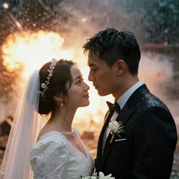 film still, closeup portrait of a couple getting married, explosions, rain, dust, scum and villainy, rim light, embers, hyper detailed, smooth, high contrast, concept art, gta v, volumetric lighting, ralph mcquarrie, doug chiang, ryan church