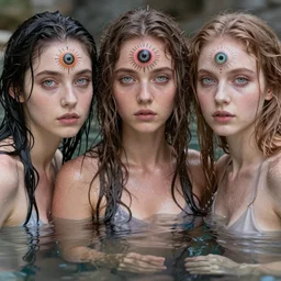 godesses, three eyed, hairy bodies, third eye in middle of forehead, wide shot, photograph, wet hairy bodies, wet feet in water, bodies, soft colors, wet eye in forehead, pins, very detailed, wet eyes reflecting into eyes reflecting into  infinity, beautiful lighting