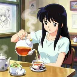 girl pouring up tea in a tea house, sprite, vaporwave nostalgia, directed by beat takeshi, visual novel cg, 8 0 s anime vibe, kimagure orange road, maison ikkoku, sketch by osamu tezuka, directed by makoto shinkai and beat takeshi