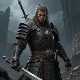 a fantasy warrior, ultra - realistic, detailed, menacing, grim, masterpiece