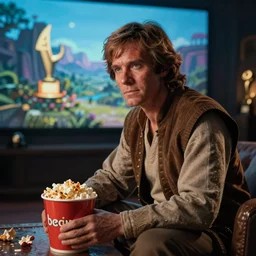 obi wan kenobi watching TV with popcorn