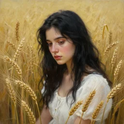 Hyper realistic detailed painting of a Paludnitsa! (in a lush wheat crop). Perfect face, black hair, beautiful!, white dress, melancholic!!, dreamlike, highly detailed, sharp focus, digital painting, art by Eddie Mendoza, detailed and intricate environment, highly detailed, award winning art.