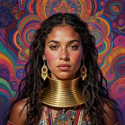 portrait of catriona balfe ( outlander ) as a kayan tribe woman with gold neck rings, hyper detailed ultra sharp trending on artstation, colorful, psychedelic, ornate, intricate, digital painting, concept art, smooth, sharp focus, illustration, art by artgerm and greg rutkowski and h. r. giger, 8 k