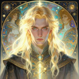 loyalty in a future world art by artgerm and greg rutkowski and alphonse mucha. clear portrait of a male wizard with blonde hair, light effect. hyper detailed, glowing lights!!, bioluminescent, intricate, elegant, digital painting, artstation, smooth, sharp focus