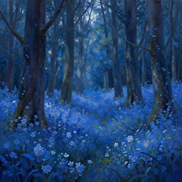 forest with flowers blue, Digital Matte painting by Dan Mumford, M.W Kaluta, Lisa Frank vivid