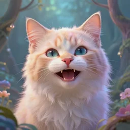 “ethereal mystical cat friendly big grin colorful detailed surrealism”
