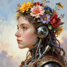 profile medieval nicoletta ceccoli, mark ryden, lostfish, hyung tae, frank frazetta, face portrait of cyborg girl surrounded by flowers and cables portrait, hyper realistic, artstation, illustration, digital paint, matte paint, vivid colors, bright, cheerful, detailed and intricate environment