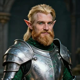 portrait, fantasy beardless dwarf cleric, young adult, no beard, short blonde hair combed to one side, silver and emerald breastplate with religious engravings, clean shaven, green eyes, slightly smirking, style by donato giancola, wayne reynolds, jeff easley dramatic light, high detail, cinematic lighting, artstation, dungeons and dragons